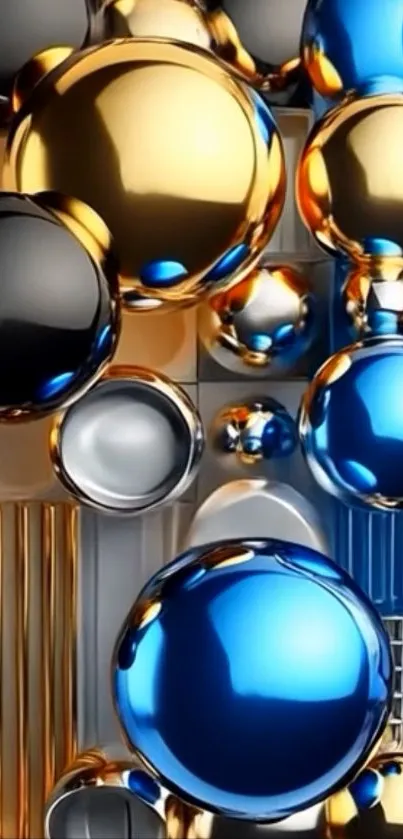 Abstract wallpaper with metallic spheres in gold and blue tones.