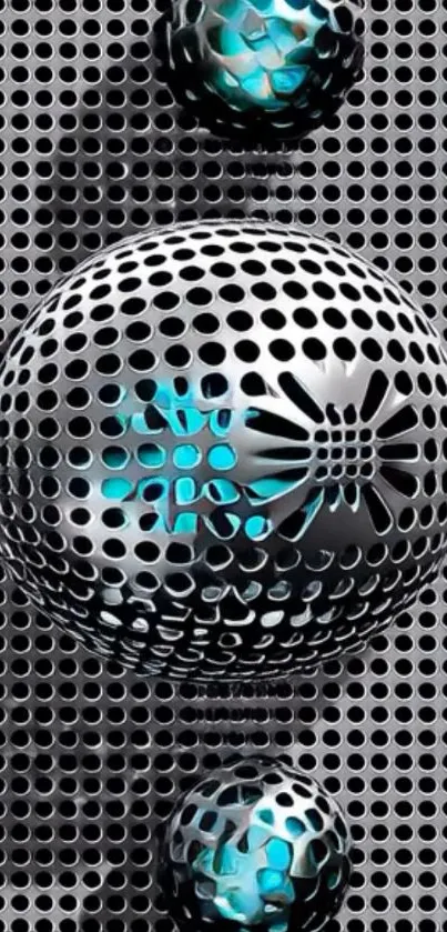 Abstract wallpaper with metallic spheres and blue accents.