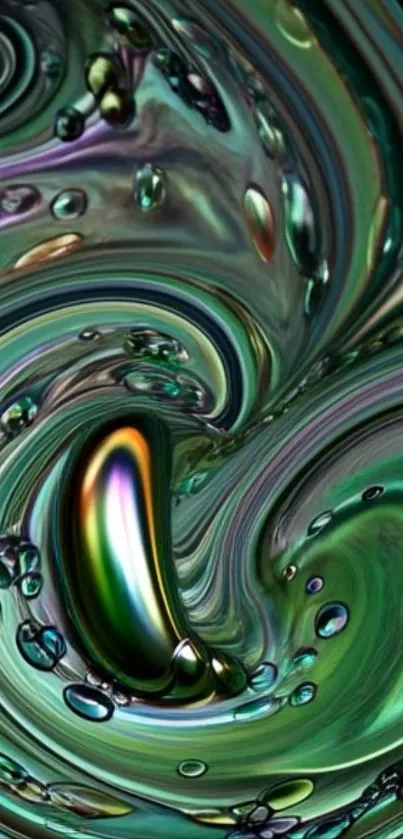 Abstract metallic swirl design with vibrant green hues.