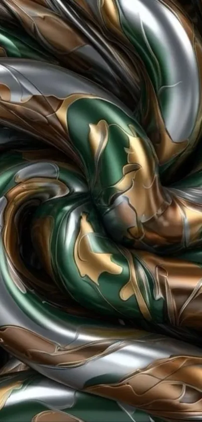 Abstract metallic swirl design with dark green and bronze accents.