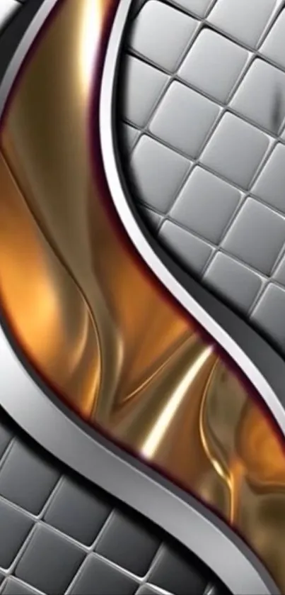 Fluid gold and silver wave design on abstract metallic texture wallpaper.