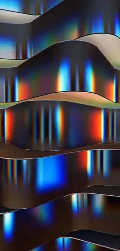 Abstract metallic waves with rainbow hues on a sleek design.