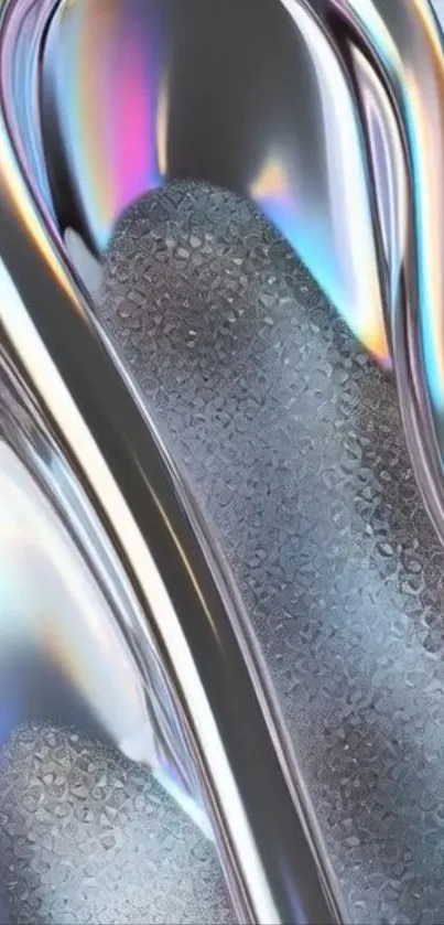 Abstract metallic waves with iridescent colors creating a futuristic art design.