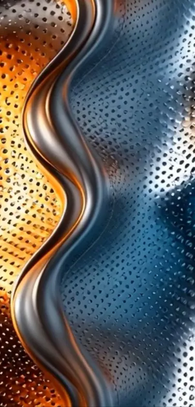 Abstract metallic waves with orange and blue colors.