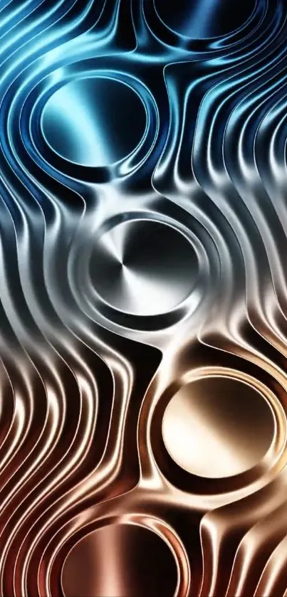 Abstract metallic waves with blue and bronze hues.