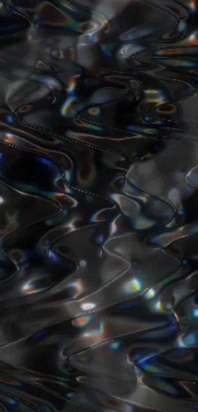 Abstract metallic waves with iridescent highlights create a dark, dynamic wallpaper.