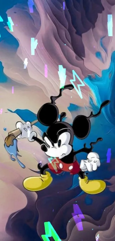 Colorful abstract Mickey Mouse on dynamic swirling background.