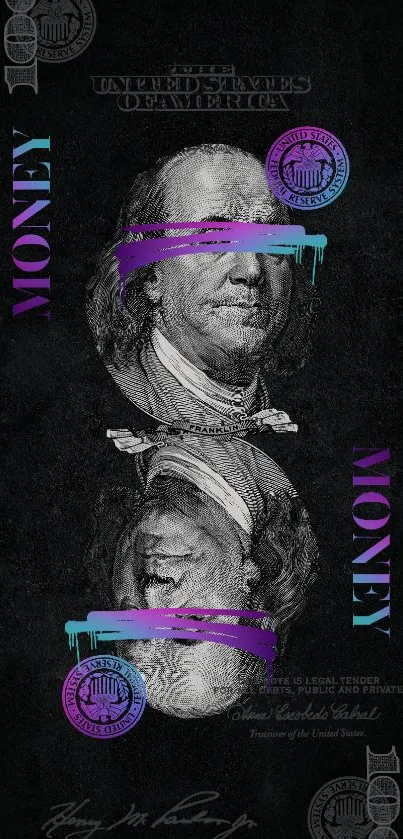 Artistic wallpaper featuring Benjamin Franklin with purple and teal accents on black.