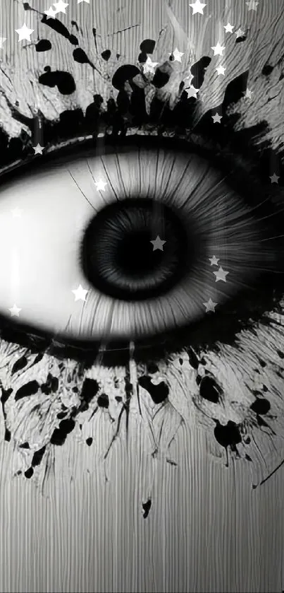 Monochrome abstract eye with ink splashes, black and white design.