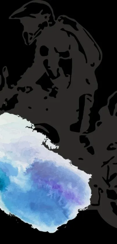 Abstract motorcycle silhouette with blue splash on black background.