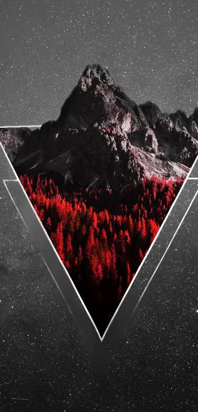 Abstract mountain art wallpaper with red forest and starry sky.