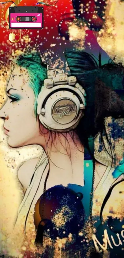 Abstract wallpaper featuring music art with headphones in vibrant colors.