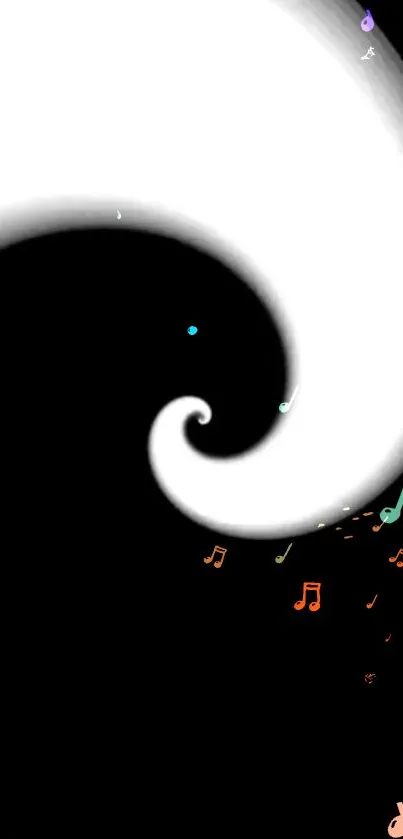 Abstract black and white swirl with colorful music notes.