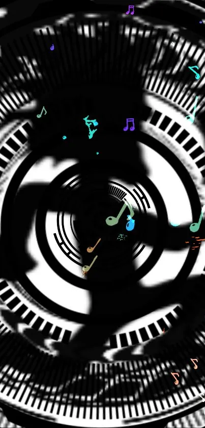 Abstract black and white vortex with colorful musical notes.