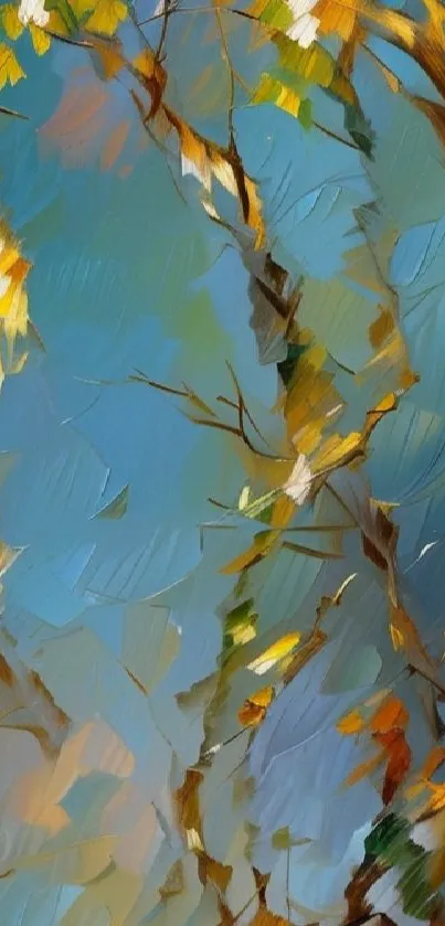 Artistic rendering of autumn branches with colorful leaves and a light blue sky.