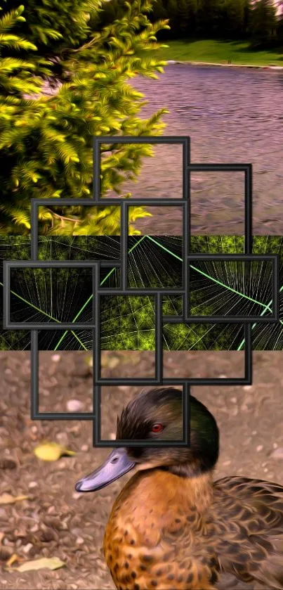 Abstract nature design with duck and geometric patterns.