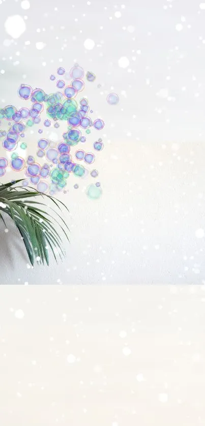 Mobile wallpaper with palm leaves and colorful bubbles on a white background.