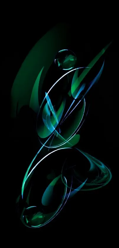 Abstract neon art wallpaper with glowing green and blue lines on black background.