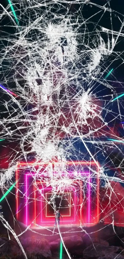 Abstract neon lights with shattered glass effect on a mobile wallpaper.