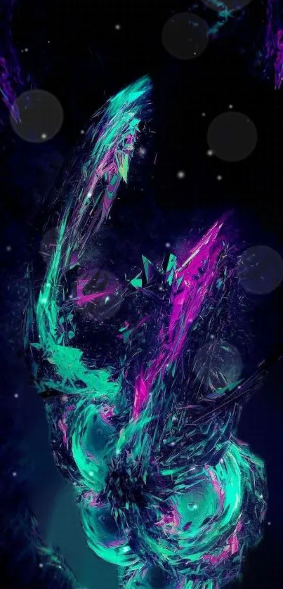 Abstract neon digital artwork with turquoise and purple hues.