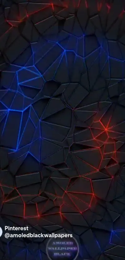 Abstract geometric wallpaper with neon blue and red lines on dark background.