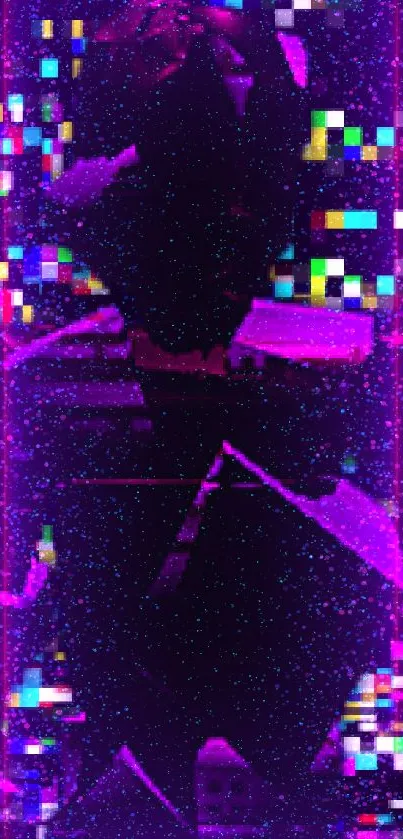 Abstract neon silhouette with glitch effects on a dark background.