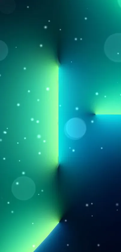 Abstract neon wallpaper with blue and green glow and bokeh effect.