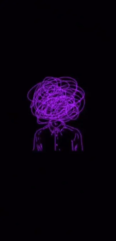 Mobile wallpaper with a purple neon abstract head scribble on a black background.