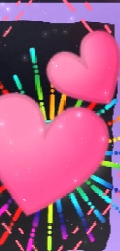 Abstract wallpaper with neon hearts and shapes on a black background.