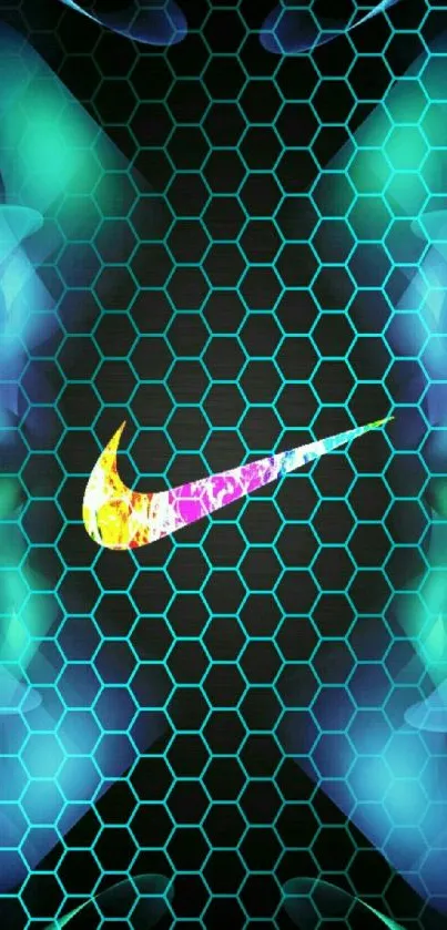 Neon hexagon wallpaper with colorful swish.