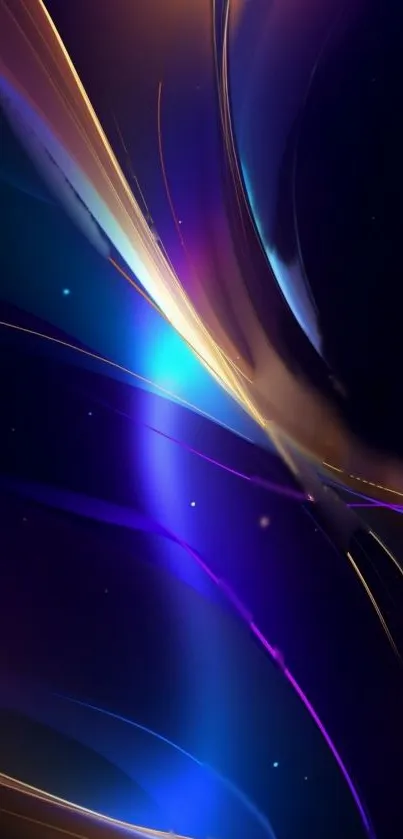 Abstract wallpaper with neon blue, purple, and gold light trails.