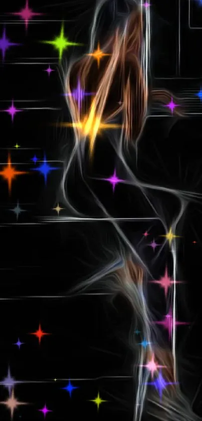 Abstract silhouette art wallpaper with neon glow on dark background.