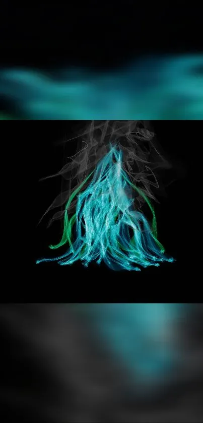 Abstract neon smoke art wallpaper with blue and green hues on a dark background.