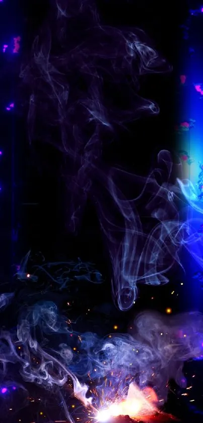 Vibrant neon smoke on a dark blue background, creating an abstract mobile wallpaper.