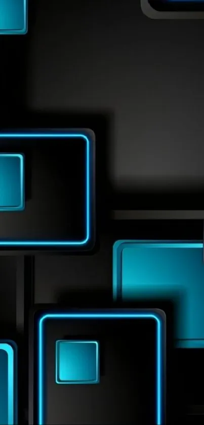 Abstract wallpaper with neon blue squares on black background.