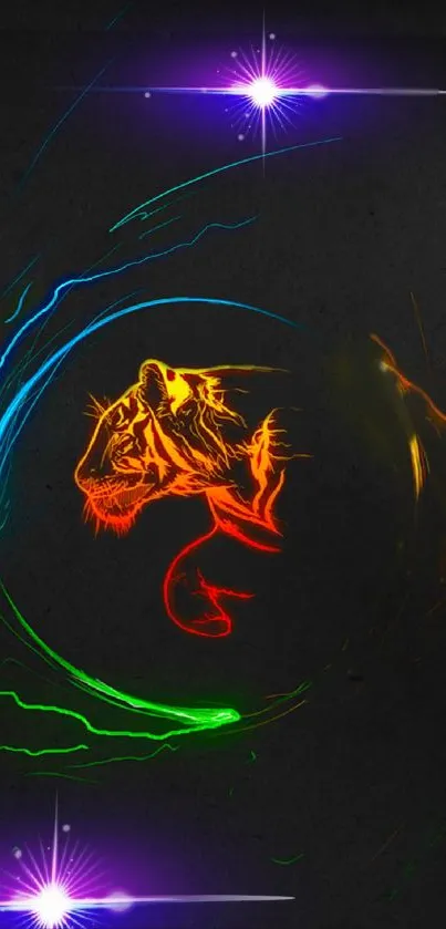 Vibrant abstract neon tiger artwork with bright colors on a dark background.