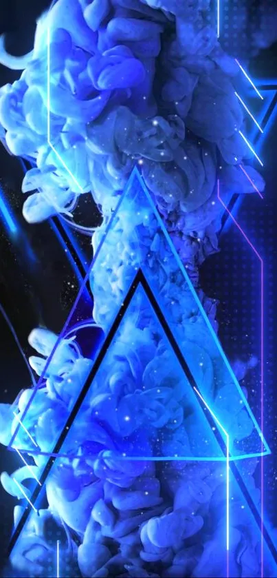 Abstract blue neon triangles with glowing effects in a digital design.