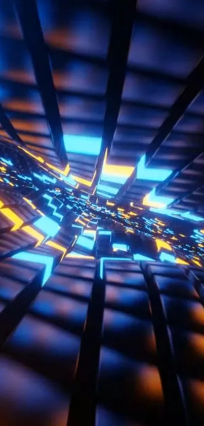 Abstract neon tunnel with blue and orange lights creating a dynamic pattern.