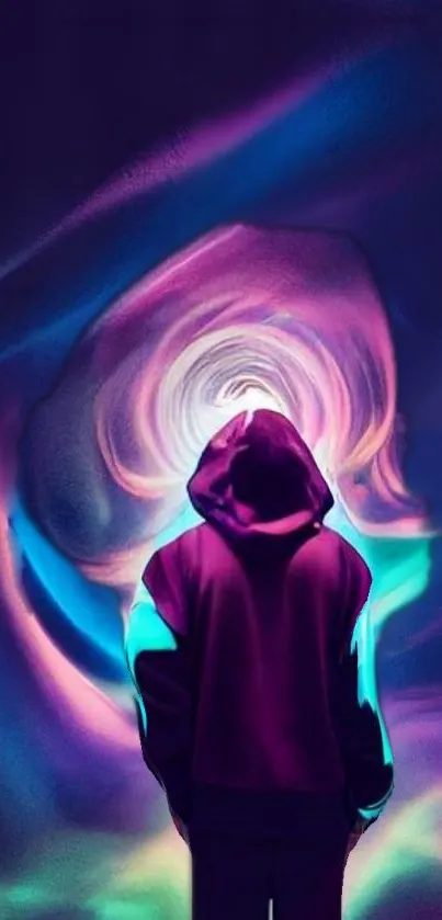 Silhouetted figure in neon vortex with purple and blue hues.