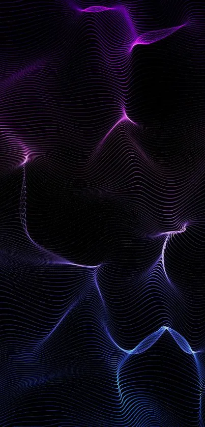 Abstract neon wave wallpaper in purple and blue on a black background.