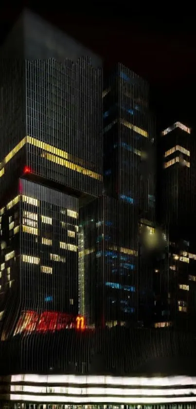 Abstract night cityscape with glowing lights and towering buildings.