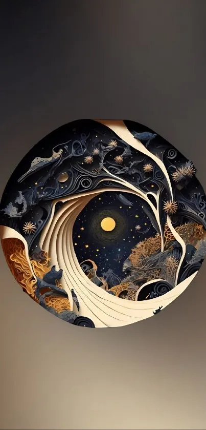 Abstract night sky with moon and forest in circular design wallpaper.