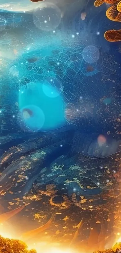 Surreal oceanic dreamscape wallpaper with vibrant blues and abstract details.