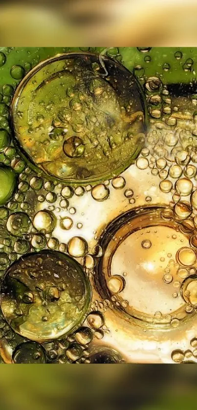 Abstract wallpaper with green and gold oil bubbles in dynamic design.