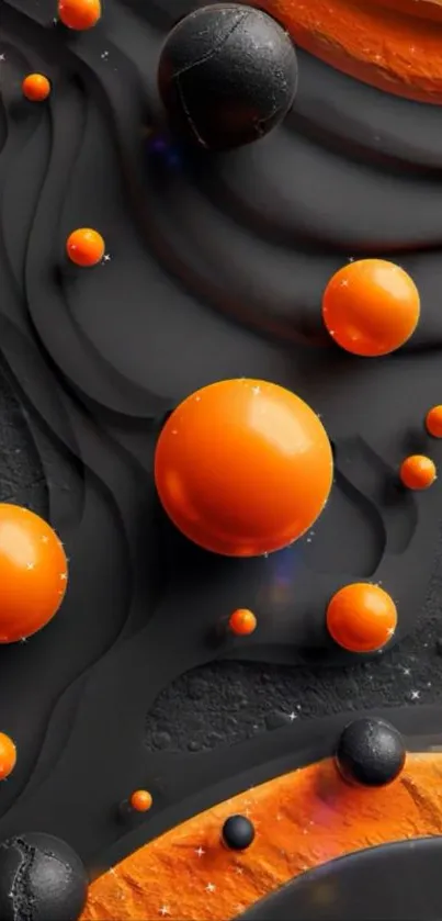 Abstract wallpaper with orange spheres on black surface.