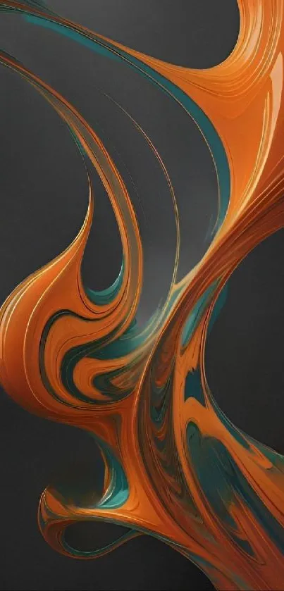 Abstract orange and teal swirling design on dark background for mobile wallpaper.