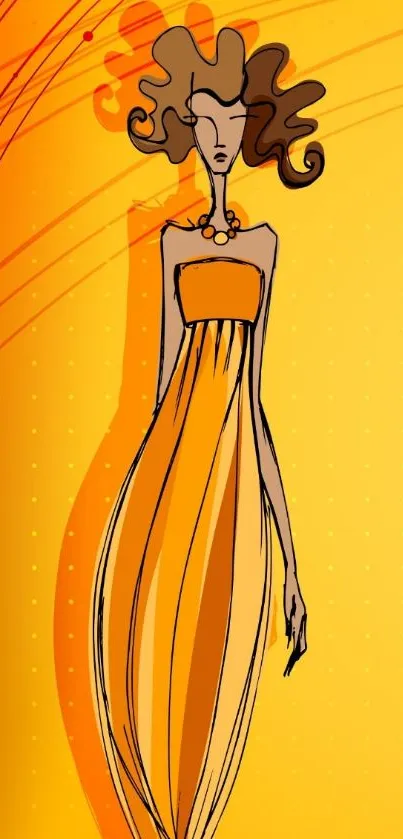 Abstract fashion illustration in vibrant orange hues on mobile wallpaper.