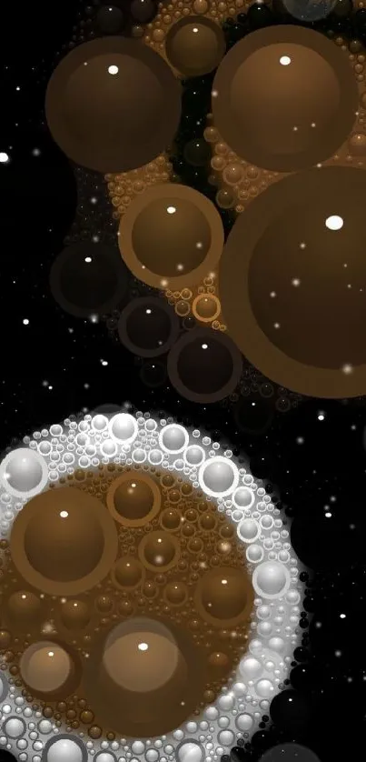 Abstract wallpaper with bronze and white bubbles on a black background.