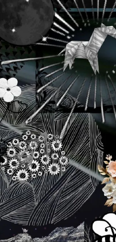 Abstract origami and floral design wallpaper with lunar elements.