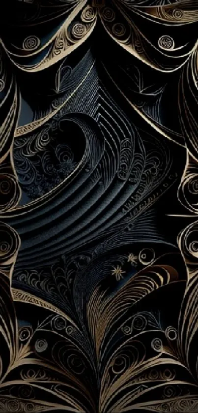 Intricate abstract swirling design wallpaper in dark brown with ornate patterns.